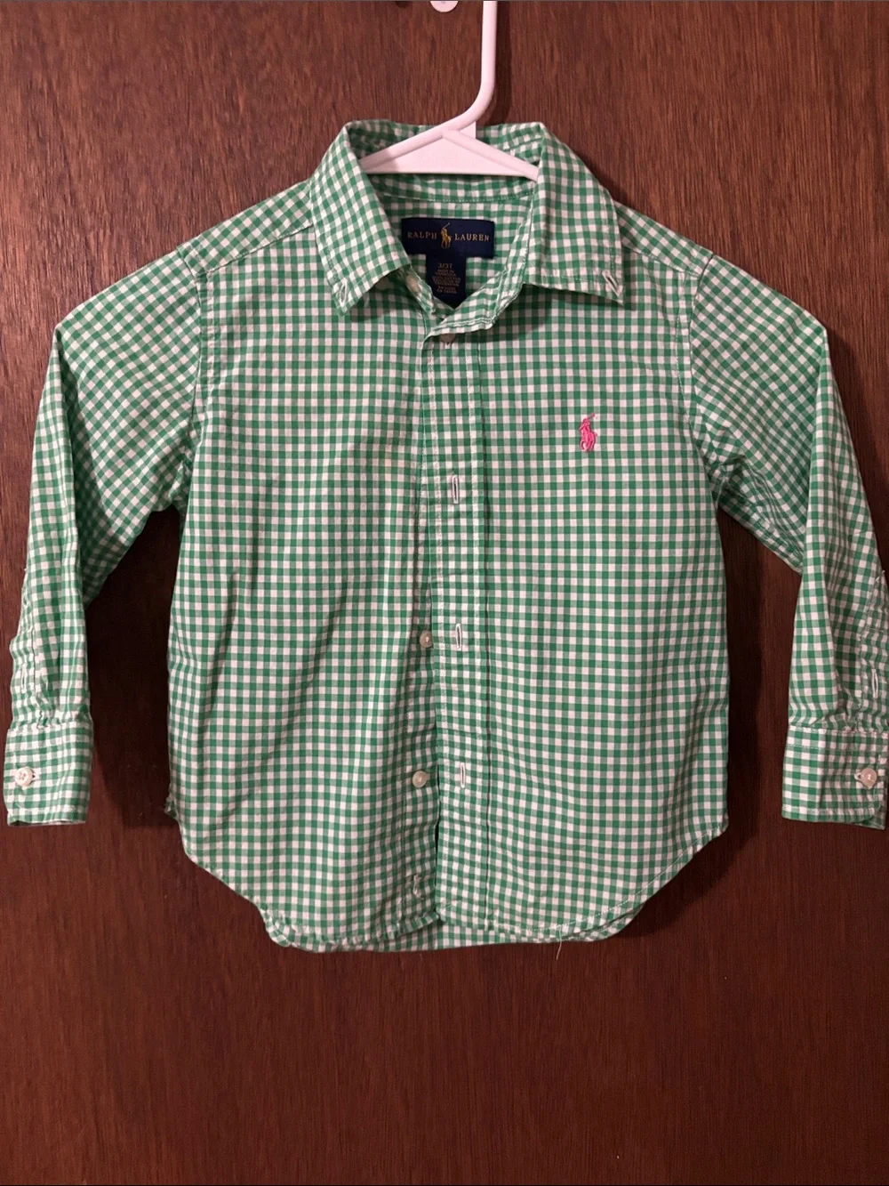 Ralph Lauren Green Gingham Button-Down Shirt with Pink Pony